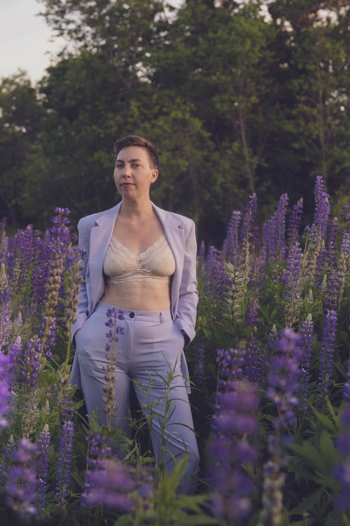 lupin photoshoot Maine lilac pantsuit