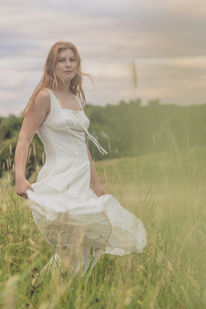 long red haired girl in field white dress cottagecore upstate ny