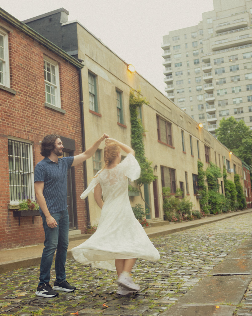 Dreamy Manhattan lifestyle couple session, dancing in Washington Mews, New York City